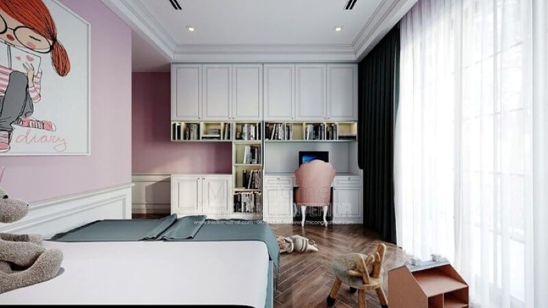 Bàn học liền kệ tủ trang trí đẹp, tiện nghi cho phòng ngủ con gái. Mẫu nội thất biệt thự đẹp