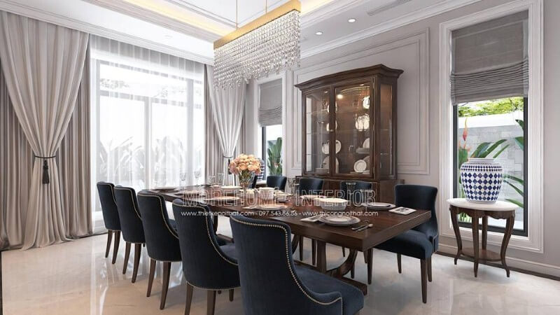 Thiết kế nội thất phòng ăn phòng ăn tân cổ điển đẹp, quý phái với không gian bàn ăn dành cho 10 người nhưng vẫn rộng rãi thông thoáng. Mẫu nội thất biệt thự đẹp