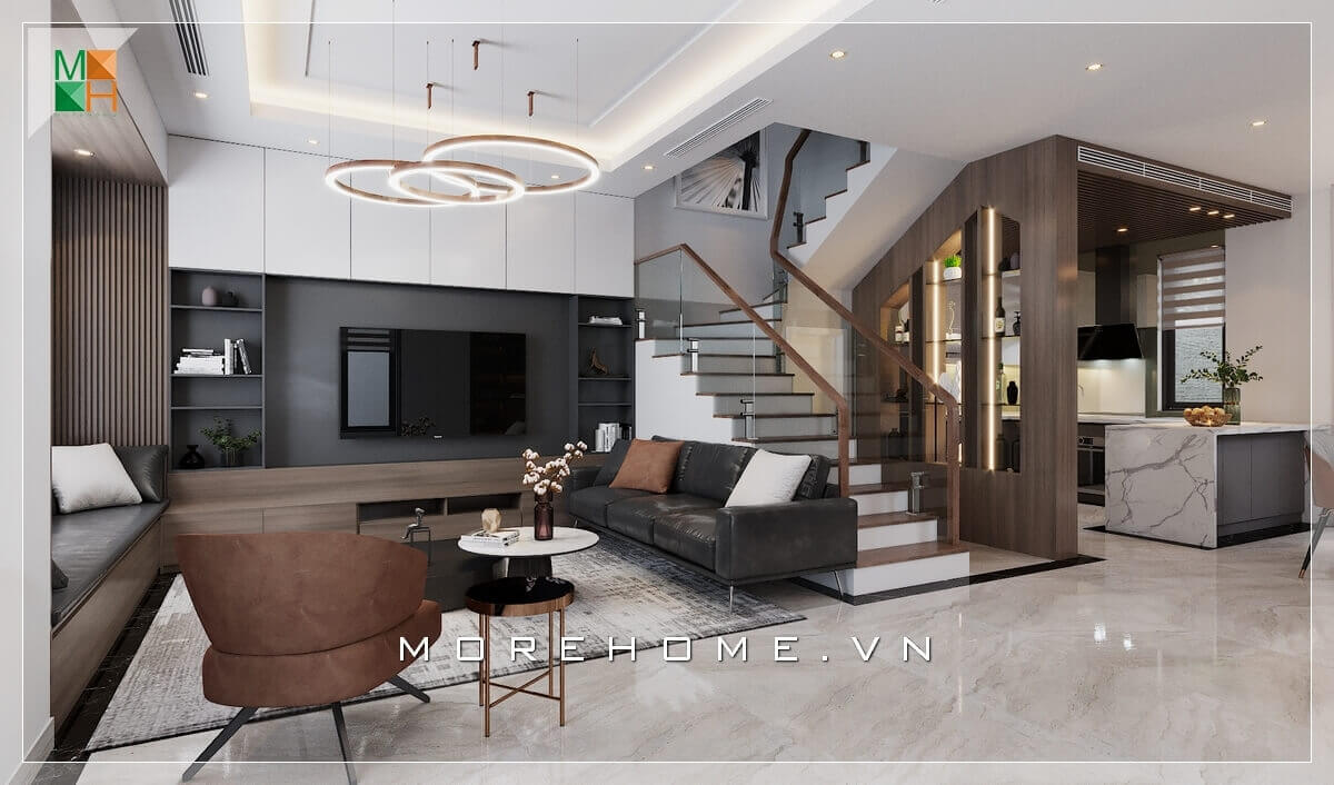 Phối cảnh nội thất phòng khách liền bếp đẹp cho biệt thự, nhà phố, căn hộ cao cấp. Mẫu nội thất biệt thự đẹp