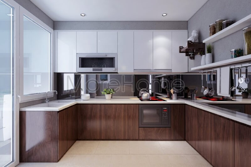 Mẫu tủ bếp gỗ công nghiệp được phân chia nhiều ngăn hợp lí, giúp cho gia chủ dễ dàng phân loại và lưu trữ đồ khô hay vật dụng nấu nướng Tủ bếp hiện đại đẹp