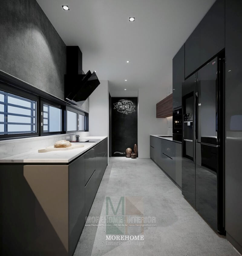 Mẫu tủ bếp gỗ công nghiệp được thiết kế hài hòa mang đến sự gọn gàng, thông thoáng cho không gian bếp. Mẫu tủ bếp chung cư acrylic