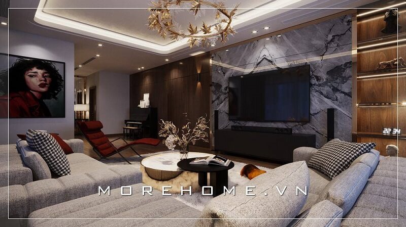 Mẫu thiết kế nội thất phòng khách cao cấp với tông màu xám chủ đạo được yêu thích tại MoreHome Thiết kế phòng khách biệt thự