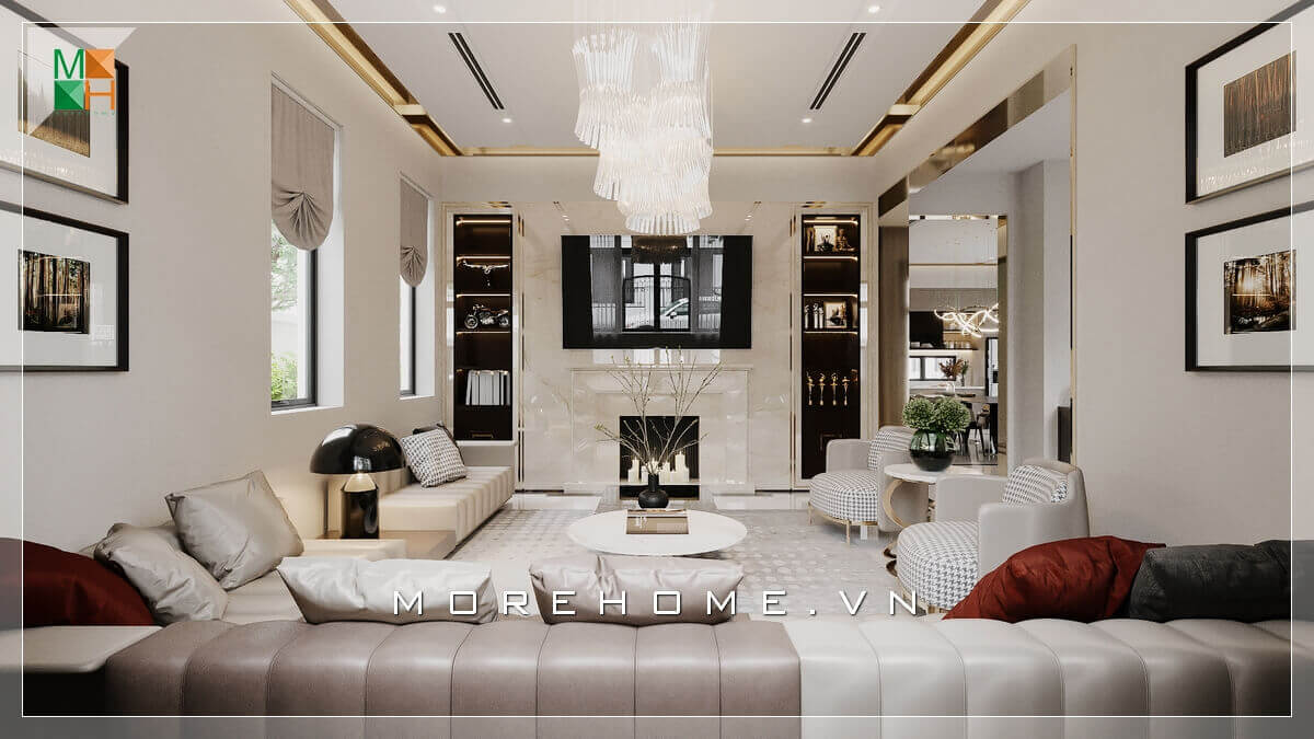 Chiêm ngưỡng không gian phòng khách rất đẳng cấp với sự bố trí nội thất khoa học và sang trọng phù hợp cho không gian nhà phố, biệt thự,... Thiết kế phòng khách biệt thự