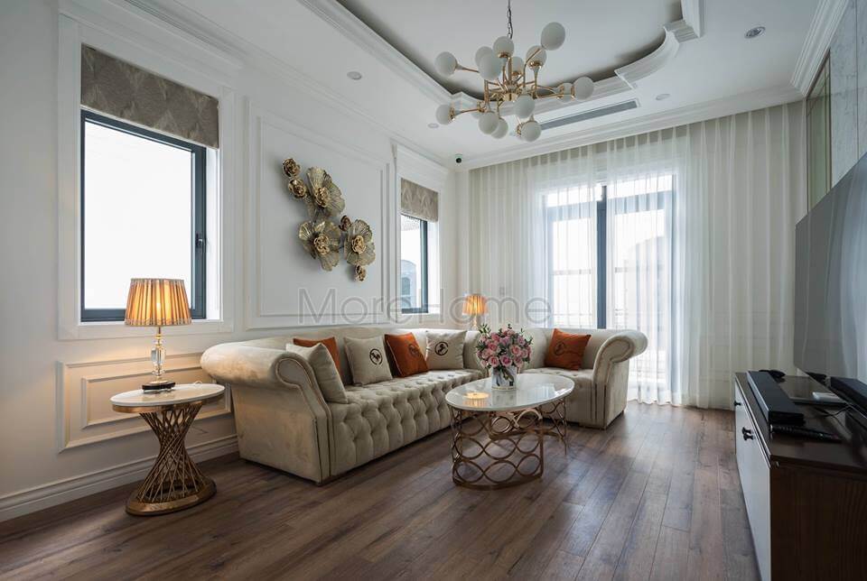 Thi công sofa bọc nỉ tân cổ điển trong không gian phòng khách biệt thự đẹp Trang trí nội thất chung cư
