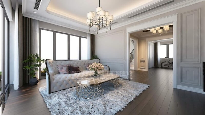 Mẫu sofa văng phong cách tân cổ điển độc đáo, tone màu trắng sữa nhẹ nhàng chủ đạo mang lại cho không gian một không gian sống sang chảnh, tiện nghi và không kém phần nổi bật Trang trí nội thất chung cư