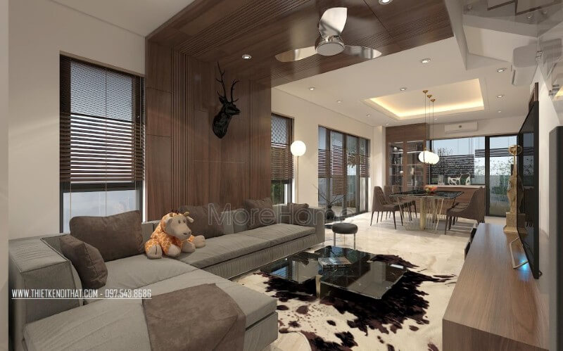 Mẫu sofa bọc vải màu xám lông chuột khung gỗ tự nhiên, phần chân thanh mảnh với chất liệu chân sắt phun sơn tĩnh điện giúp tiết kiệm được tối đa diện tích của căn phòng Trang trí nội thất chung cư