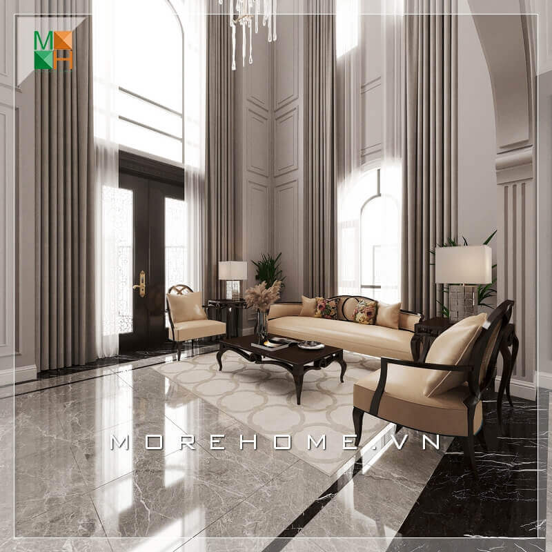 Với một không gian phòng khách nguy nga và rộng rãi thì mẫu bàn óc chó ghế sofa bọc da chân gỗ tự nhiên cao cấp là sự lựa chọn phù hợp nhất khiến căn phòng khách trở nên sang trọng và đẳng cấp hơn bao giờ hết. Thiết kế phòng ngủ biệt thự