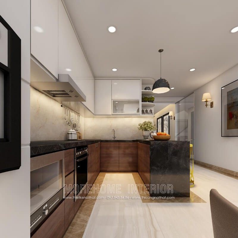 Thiết kế tủ bếp chung cư hiện đại, kết hợp bản đảo tạo sự tiện nghi cho người nội trợ trong quá trình dùng bữa Tủ bếp gỗ, tủ bếp gỗ tự nhiên, tủ bếp tân cổ điển