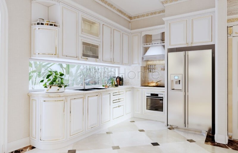 Mẫu tủ bếp gỗ tự nhiên phun sơn màu trắng sang trọng gợi lên nguồn cảm hứng nấu nướng cho những người nội trợ trong gia đình Tủ bếp gỗ, tủ bếp gỗ tự nhiên, tủ bếp tân cổ điển