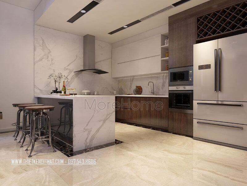 Thiết kế phòng bếp hiện đại hình chữ U rộng rãi với việc kết hợp với bàn bar tiện lợi hơn cho người đầu bếp Thiết kế nhà bếp tiện nghi