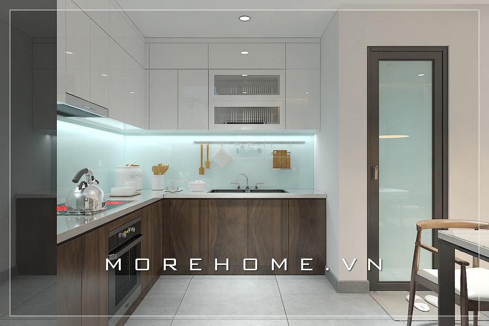 Thiết kế nội thất phòng bếp gỗ công nghiệp hiện đại cùng hệ thống thiết bị bếp đầy đủ tạo nên không gian tiện lợi cho người nội trợ Thiết kế nhà bếp tiện nghi