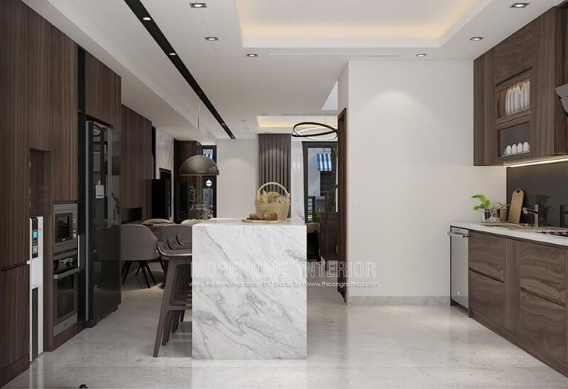 Bàn đảo bếp đá vân mây đẹp tạo nên điểm nhấn ấn tượng cho không gian bếp. Thiết kế nội thất biệt thự