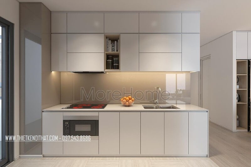 Với tone màu trắng chủ đạo, nội thất phòng bếp chung cư trông vô cùng gọn gàng và sạch sẽ