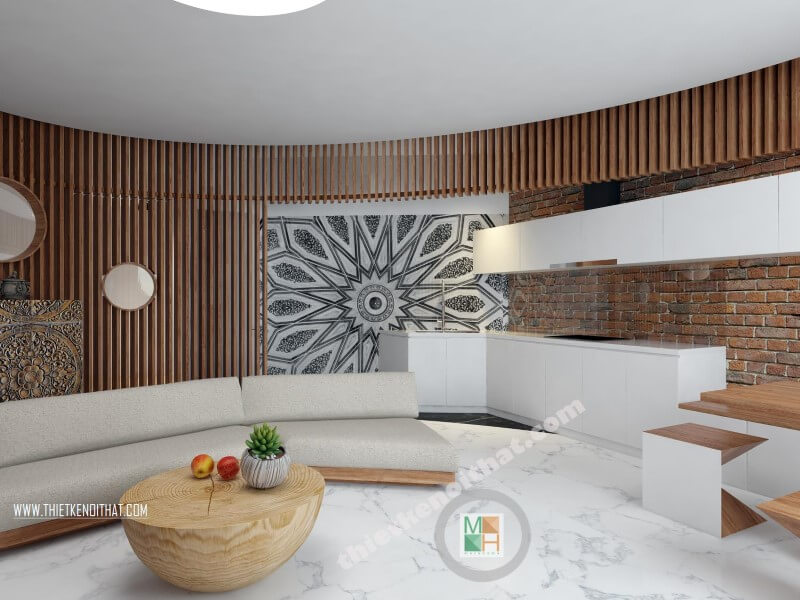 Thiết kế nội thất không gian bếp thay vì các mẫu tủ bếp cổ điển với nhiều chi tiết trang trí là thiết kế bếp hiện đại đa năng với thiết kế phẳng, sáng màu không tay nắm giúp không gian bếp được mở rộng và thông thoáng hơn.