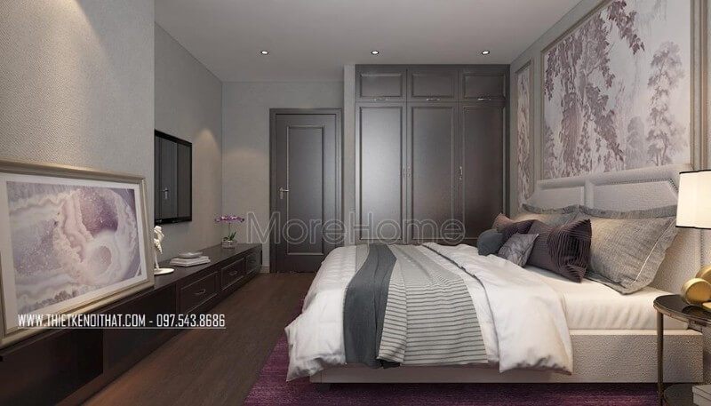 Giường ngủ gỗ tự nhiên có tab đầu giường bằng nỉ cao cấp, gam màu vẫn là gam màu lạnh chủ đạo của căn hộ, mảng tường đầu giường được ốp gỗ và trang trí một mẫu decor độc lạ thu hút.