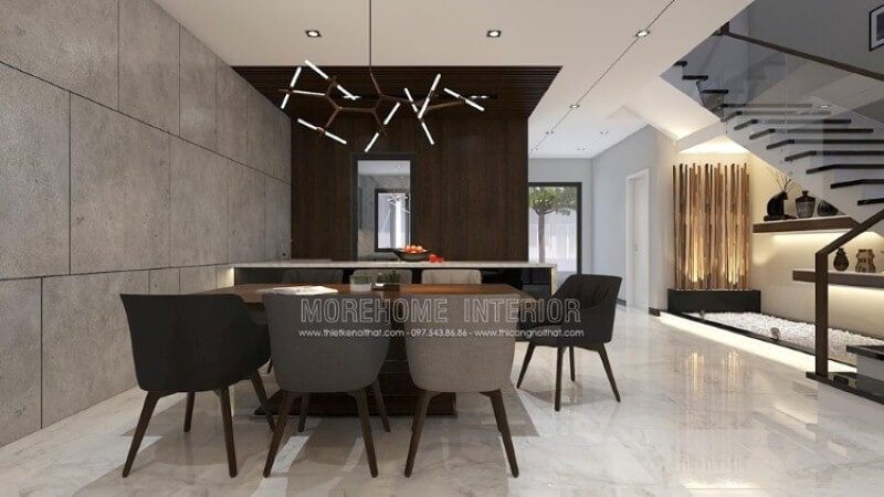 Bố trí phòng ăn hiện đại độc đáo dành cho không gian rộng như nhà phố, biệt thự với ý tưởng bố trí mở phòng ăn liền kề phòng khách, phòng bếp.