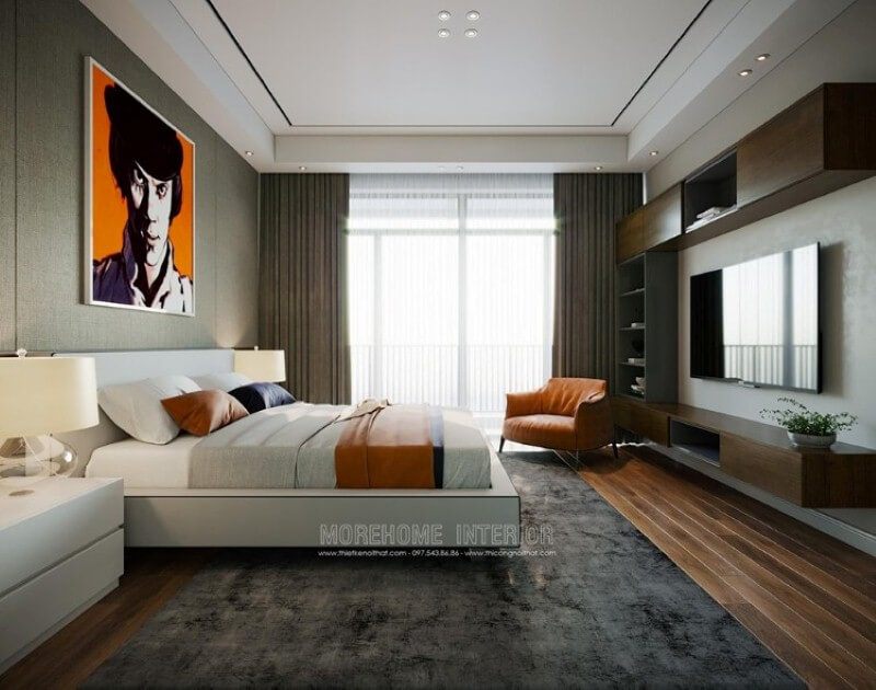 Sắp xếp nội thất phòng ngủ hiện đại ấn tượng với điểm nhấn cam xen kẽ giữa 2 gam màu trắng, xám tương phản.