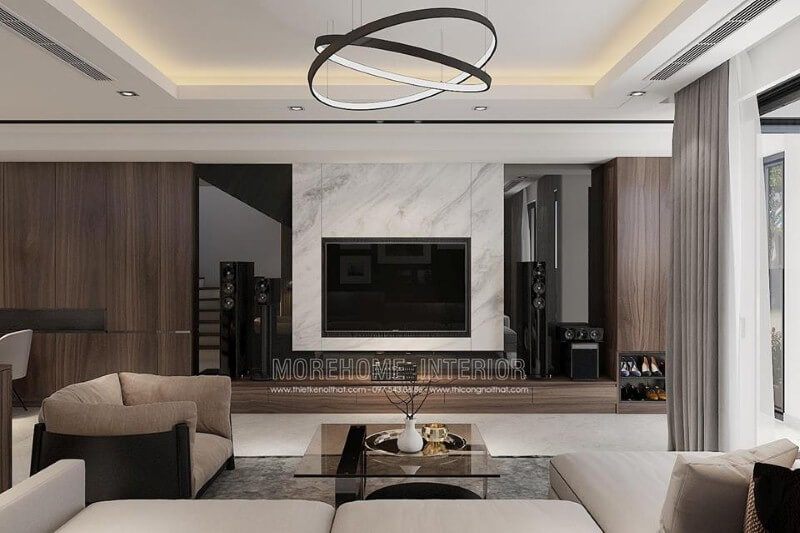 Đá ốp tường vân mây càng đẹp điểm nhấn ấn tượng trong thiết kế phòng khách hiện đại.