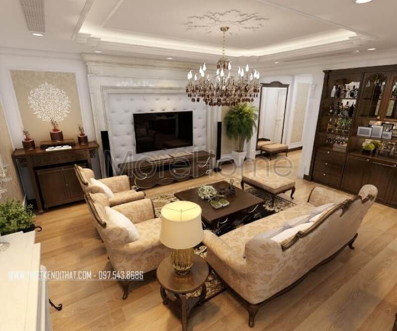 Sự phối hợp hài hòa giữa màu sắc cùng những đường nét tinh tế khéo léo mang đậm đặc trưng của phong cách tân cổ điển, thiết kế nội thất phòng khách chung cư đã mang đến cho gia chủ một không gian sống đẳng cấp và tiện nghi nhất