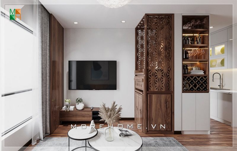 Mẫu kệ tivi gỗ tự nhiên tuy đơn giản nhưng cũng hết sức tinh tế và tiện nghi khiến căn phòng khách chung cư trở nên sang trọng hơn.