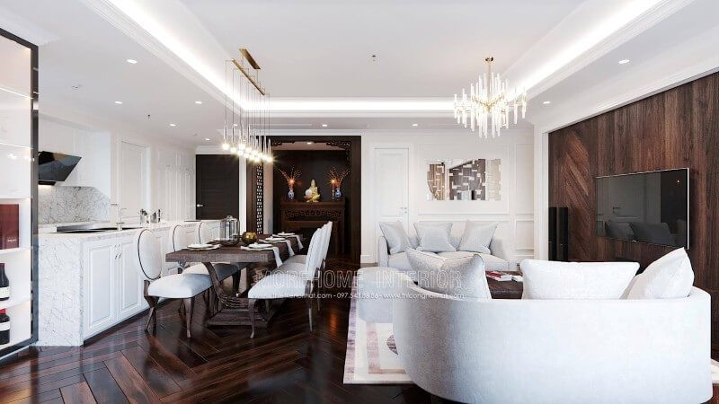 Mẫu thiết kế nội thất phòng khách chung cư đẹp với gỗ óc chó sang trọng