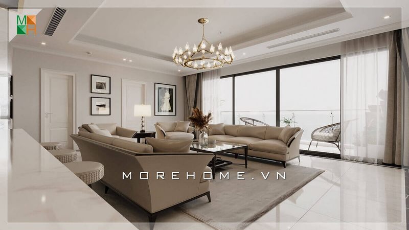 Thiết kế không gian phòng khách rộng mở có ban công lớn, với thiết kế cửa trượt ban công bằng kính càng làm tăng thêm vẻ sang trọng và thông thoáng cho không gian phòng khách.