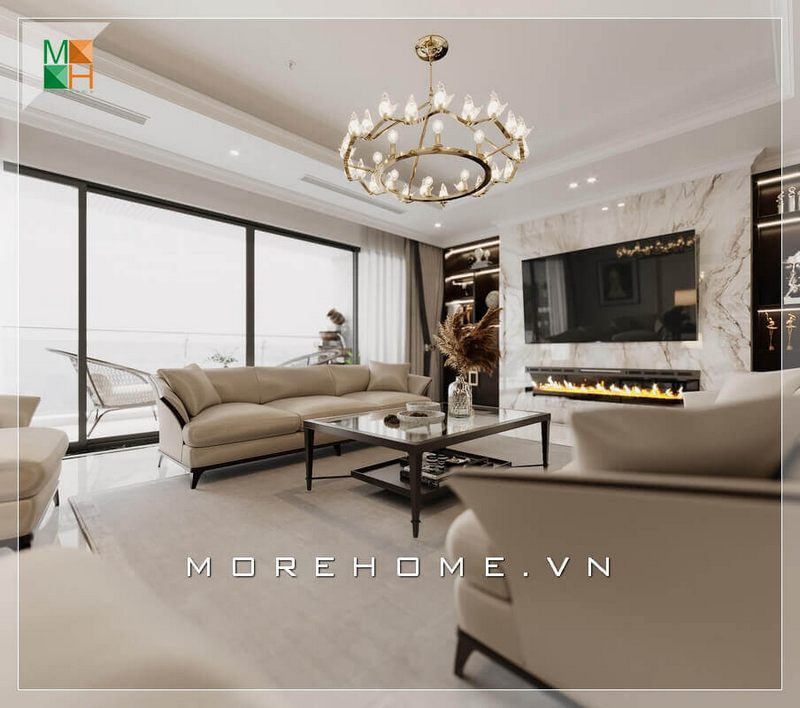 Thiết kế nội thất không gian phòng khách biệt thự, chung cư, nhà phố rộng thiết kế vách tường nhà bằng kính cường lực trong suốt lớn tạo cảm giác thông thoáng cho không gian thêm thoáng đãng.