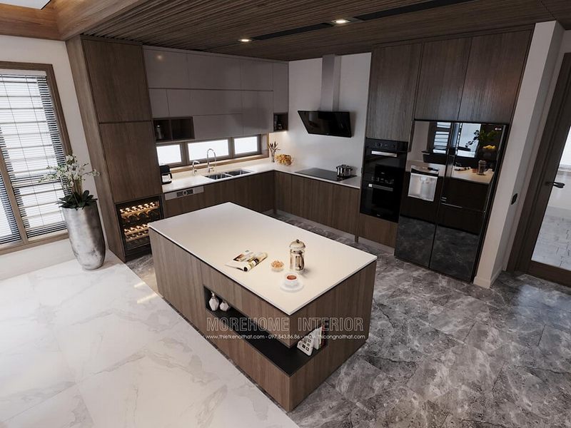 Nội thất phòng bếp có thiết kế hiện đại bằng gỗ công nghiệp.