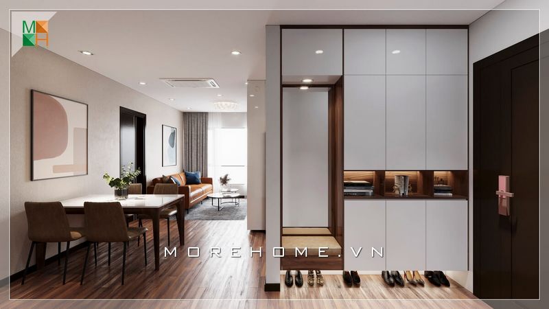 Bộ bàn ăn 4 ghế được đặt liền với phòng khách, tạo nên một cảm giác đồng nhất và tiện lợi.